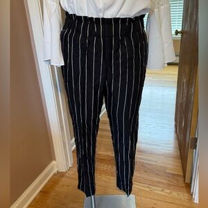 Ann Taylor high rise tapered leg striped pants with a paper bag waist
